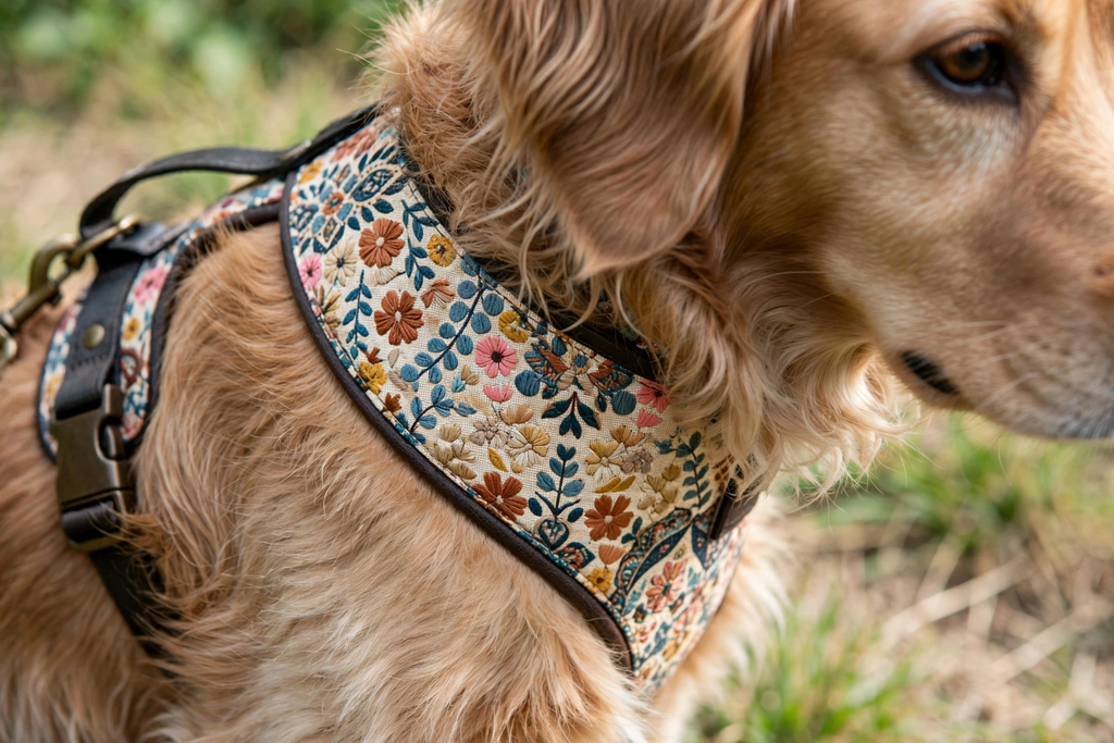Harnais floral pour chien — style bohème, sécurité et élégance